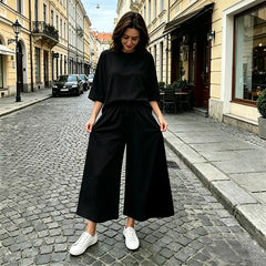 Compleu Vară Damă 2 Piese Lejer: Tricot Fin Moale, Tricou Oversized și Pantaloni Largi Fluizi, Material Respirabil și Fin la Atingere