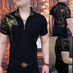 🔥【Reduceri sezoniere】Tricou polo elegant pentru bărbați cu guler și fermoar - Negru clasic, broderie rafinată