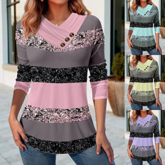 ✨【Nou sosit】Bluza de damă cu mânecă lungă, cu dungi și decolteu în V cu nasturi – Elegantă și Unică