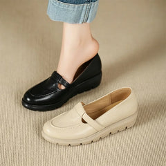 Pantofi casual cu talpă groasă, din piele moale, stil francez elegant și modern