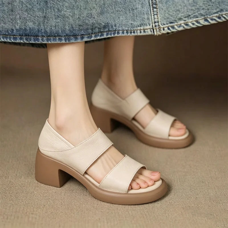 Sandale Elegante de Damă cu Toc Mediu Gros, Barete Late din Piele, Talpă Confortabilă și Antiderapantă, Stil Casual Modern