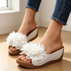 👡【Luxul Pielii Naturale】Papuci Eleganți cu Flori de Dantelă Tridimensionale