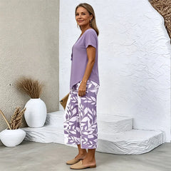 Set Casual de Vară pentru Femei din 2 Piese, Bluză Lejeră cu Tiv Asimetric și Pantaloni Lungi Largi cu Imprimeu cu Frunze, Costum Elegant de Vacanță