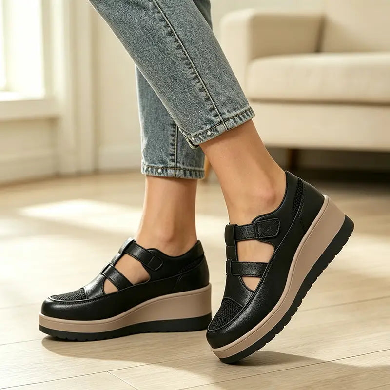 【Piele naturală premium – versiune nou îmbunătățită】Sandale cu platformă și plasă respirabilă