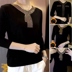 💥【Bumbac pur îmbunătățit】✨Bluză modernă și elegantă cu mânecă lungă și strasuri la guler