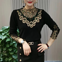 🔥Vânzare fierbinte🔥🎀【XL-6XL】Noua bluză caldă de toamnă și iarnă din catifea de înaltă calitate, cu mânecă lungă și guler din dantelă——3895128