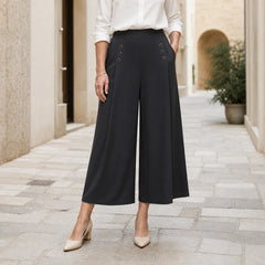 Pantaloni Largi de Damă cu Talie Înaltă, Model Tip Fustă-Pantaloni cu Năsturi Decorativi, Pantaloni Eleganți cu Pliuri