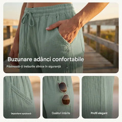 Pantaloni trei sferturi plisați pentru damă – din bumbac și in, culoare solidă