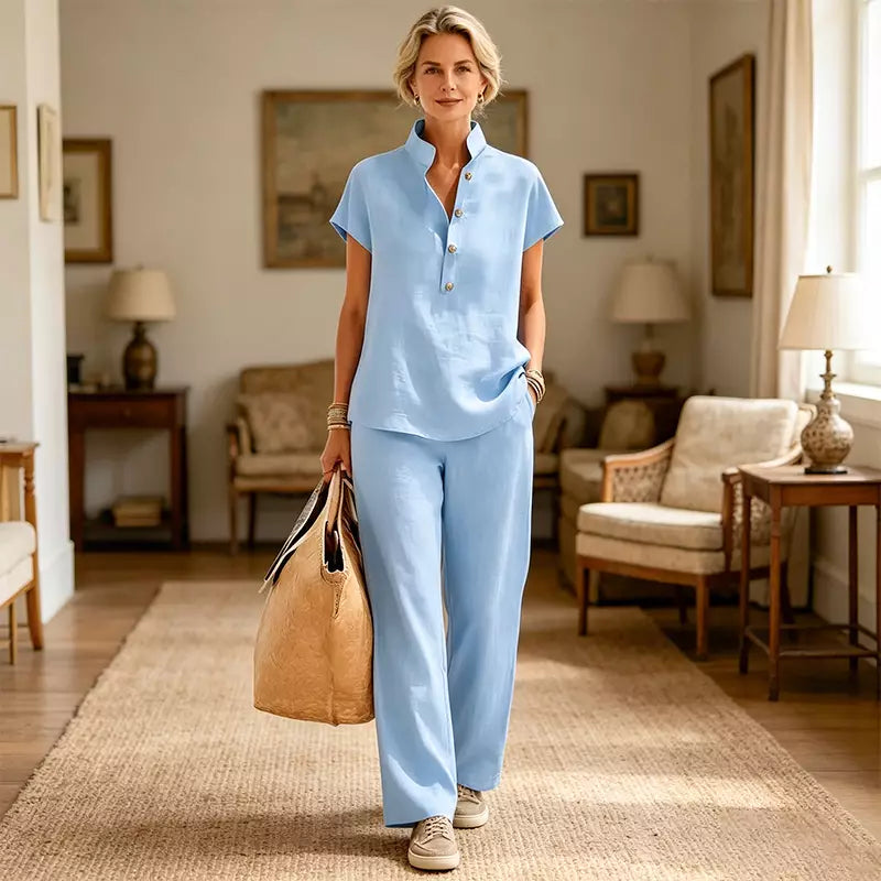 Set de Damă din In și Bumbac – Bluză cu Mânecă Scurtă și Pantaloni Largi, Stil Casual Elegant de Vară