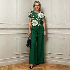 Set Elegant de Vară din 2 Piese: Bluză Florală și Pantaloni Lungi Largi, S-5XL, 5 Culori