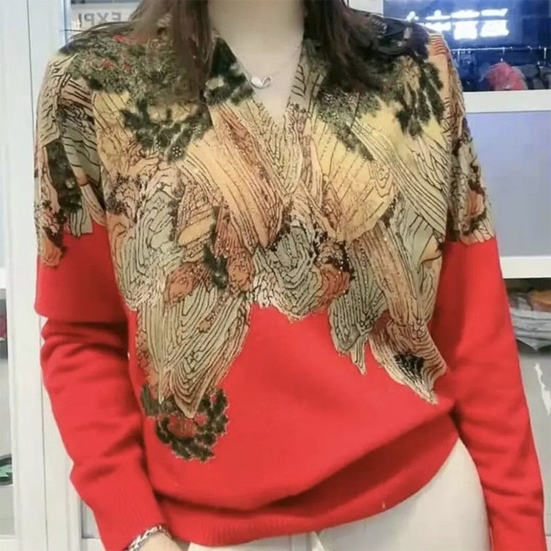 【De înaltă calitate】Pulover tricotat de lux, cu decolteu în V și strasuri decorative