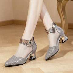 Pantofi cu Toc Damă din Piele Naturală și Plasă: Design Elegant cu Strasuri, Talpă Moale, Corectarea Posturii și Anti-Durere
