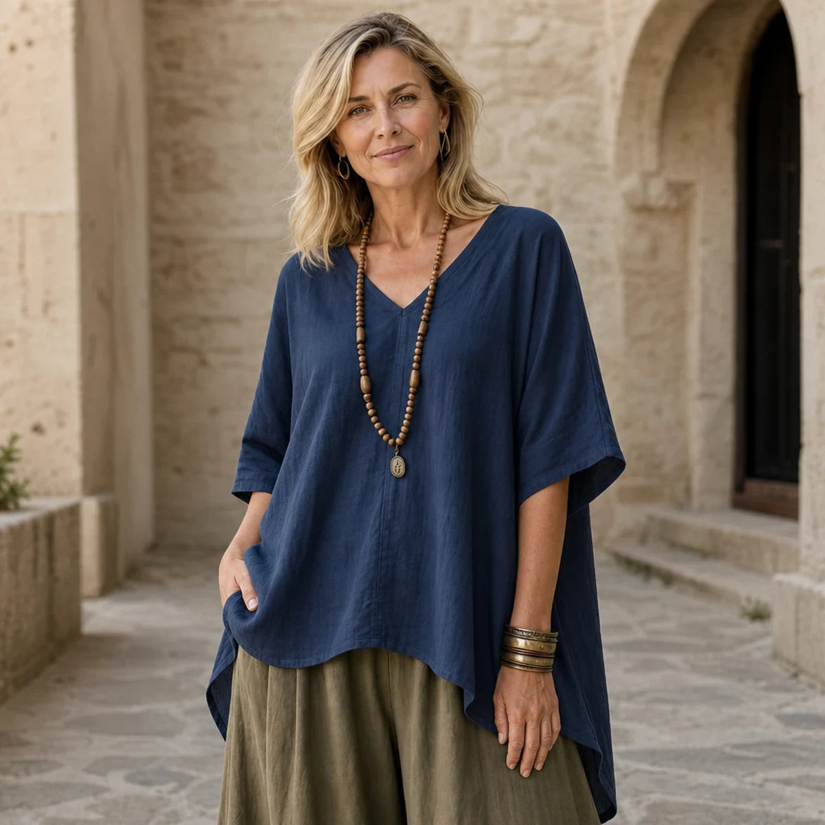 Bluză de Damă Oversize din In și Bumbac, cu Guler în V, Material Moale, Ultra-Respirabil și Prietenos cu Pielea, Stil Casual-Boho