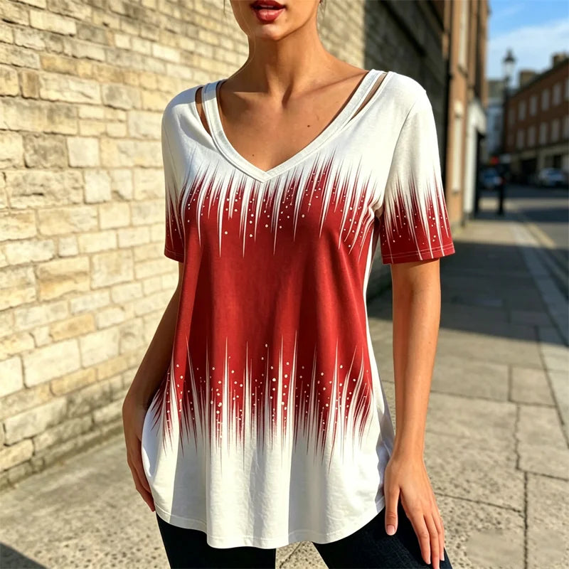 👕Tricou casual din bumbac, cu decolteu în V și imprimeu — efect degrade pentru un look mai modern