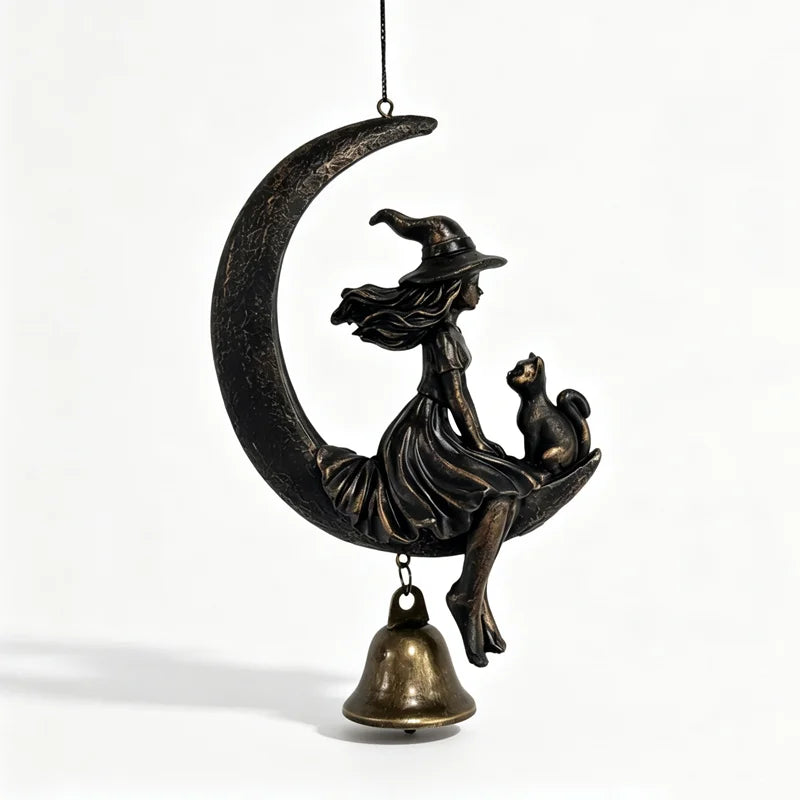 【Magie și Mister】Clopoțel Decorativ de Perete cu Vrăjitoare, Pisică Neagră și Semilună, Ornament Suspendat Stil Gotic pentru Casă și Grădină ✨