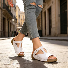 👡【Piele naturală premium】Papuci la modă cu platformă tip pană, confortabili
