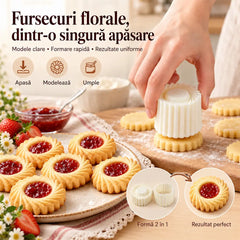 ✨ Formă Presabilă de Copt pentru Fursecuri cu Gem și Tarte (Model Floral 3D) 🍓 | 🍪 Rezultate Perfecte din 3 Pași · Antiaderentă · Cumpără 1 și Primești 1 CADOU 🎁 (Set 2 Buc)
