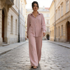 Compleu Damă Elegant din Bumbac și In: Cămașă Lejeră Oversized și Pantaloni Ultra-Largi, Material Moale, Respirabil și Răcoros