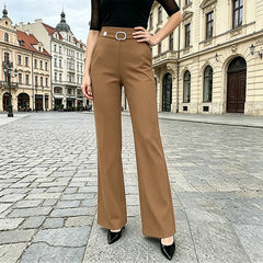 Pantaloni Casual de Damă cu Talie Înaltă și Curea Elegantă – Pantofi de Birou Subțiri și Elastici, Efect de Alungire, Material Fluid și Anti-Șifonare