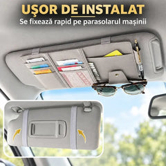 🚗 Organizator Multifuncțional din Piele pentru Parasolar Auto 💳 | Buzunar Mare cu Fermoar · Suport Ochelari, Carduri & Pix · Montare Rapidă · Nu Blochează Vizibilitatea
