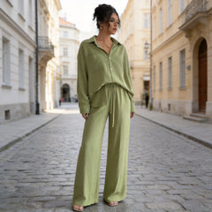 Compleu Damă Elegant din Bumbac și In: Cămașă Lejeră Oversized și Pantaloni Ultra-Largi, Material Moale, Respirabil și Răcoros