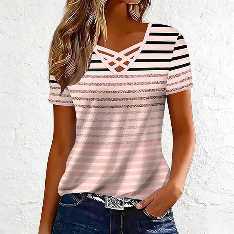 Tricou de Vară Dama cu Decolteu în V și Bretele Încrucișate, Imprimeu Modern cu Dungi, Top Casual cu Mânecă Surtă și Croi Elegant