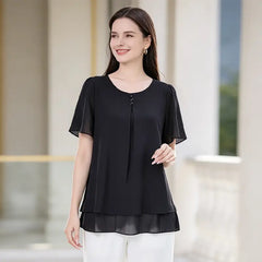 Bluză de Vară Damă din Șifon Fin: Material Respirabil și Moale, Design Elegant cu Pliuri și Mânecă Scurtă Fluture