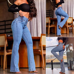 👖【material de înaltă calitate】blugi la modă cu elasticitate ridicată și croială ușor evazată