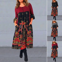 💝Rochie nouă, modernă și retro, imprimată, cu mâneci lungi și buzunare