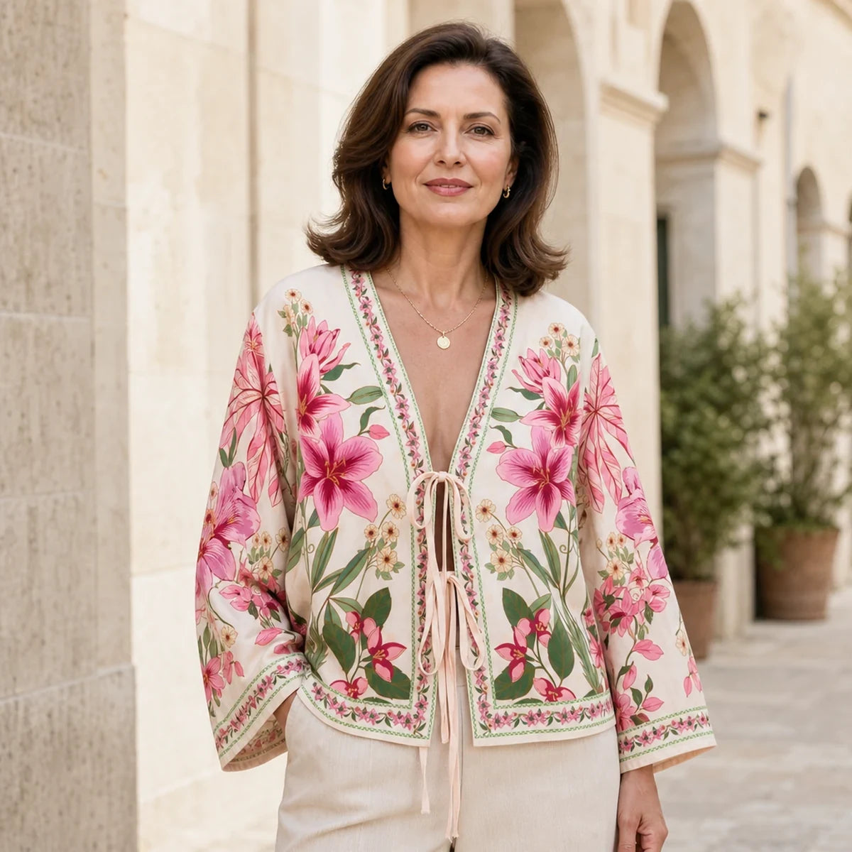 Cardigan Subțire de Vară Stil Boho Chic, Bluză Kimono cu Imprimeu Floral și Șnur de Legat, Top Lejer cu Mâneci Clopot pentru Femei
