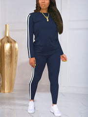 🍁Foarte economic!🍂【Mânecă lungă + Pantaloni】 Set sport și casual pentru femei, uni, cu dungi