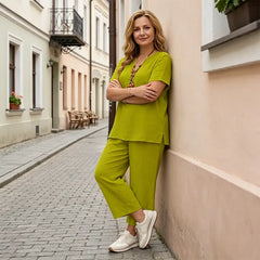 Set Elegant din Bumbac Mărimi Mari: Bluză cu Guler în V și Pantaloni Largi, Confortabil și Stilat, XL-5XL