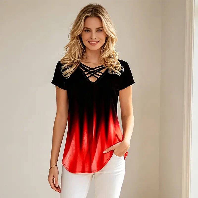 👚Tricou la modă cu decolteu în V și design decupat încrucișat ✨