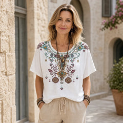 Bluză de Vară Stil Boho Chic pentru Femei, Cămașă Retro cu Imprimeu Etnic Floral, Top Lejer cu Mânecă Scurtă și Decolteu Rotund