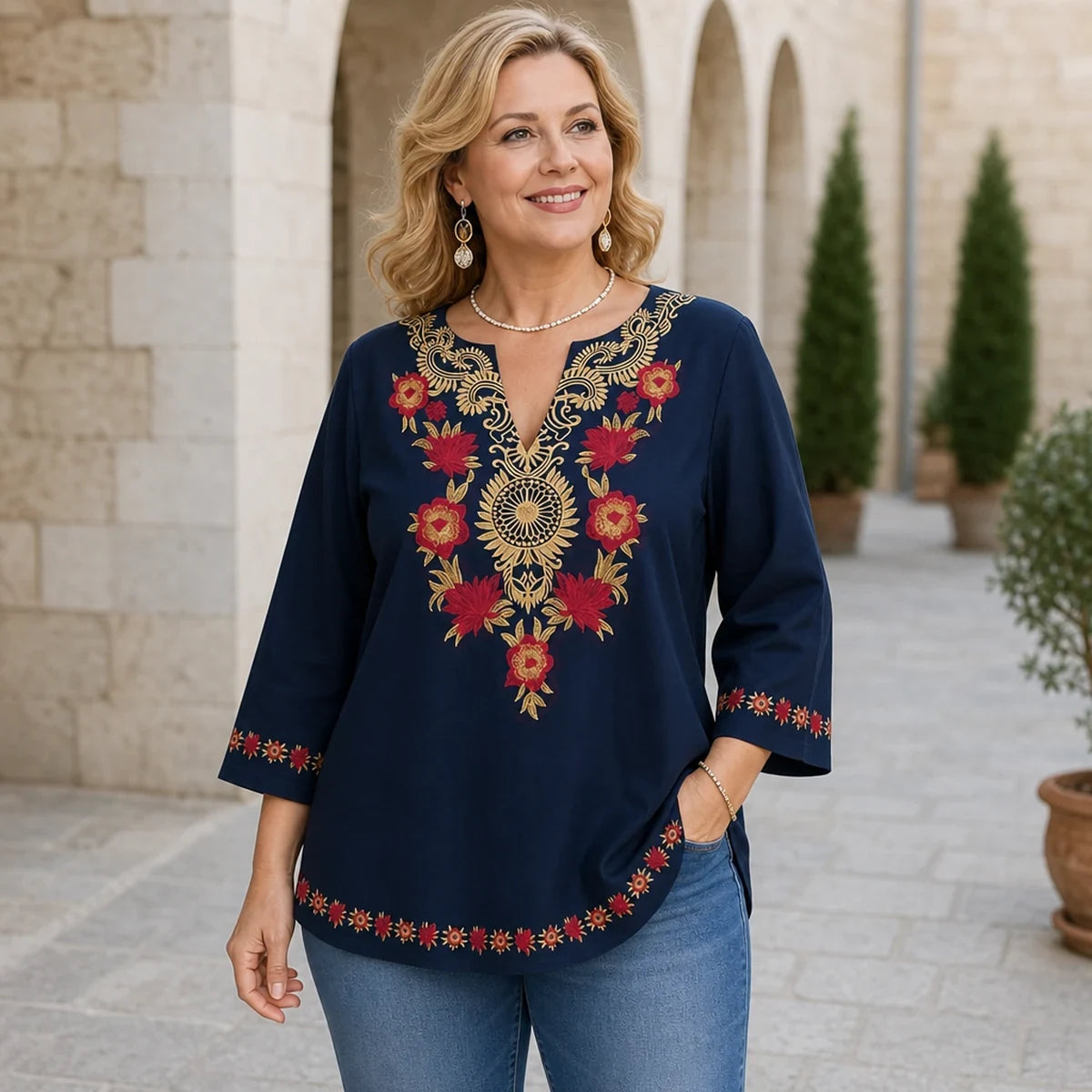 Tricou Lejer cu Imprimeu Boho în Stil Vintage——Stil rafinat, croială lejeră și mărimi mari pentru o potrivire perfectă