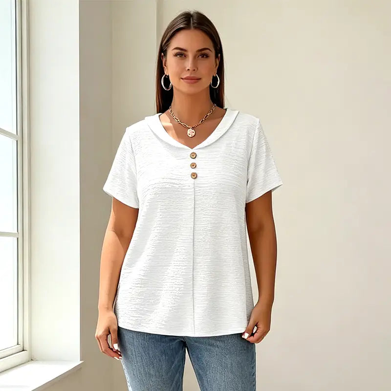 ✨Bluză de Vară Damă cu Textură Încrețită: Material Moale și Respirabil, Guler în V cu Nasturi, Stil Casual Lejer