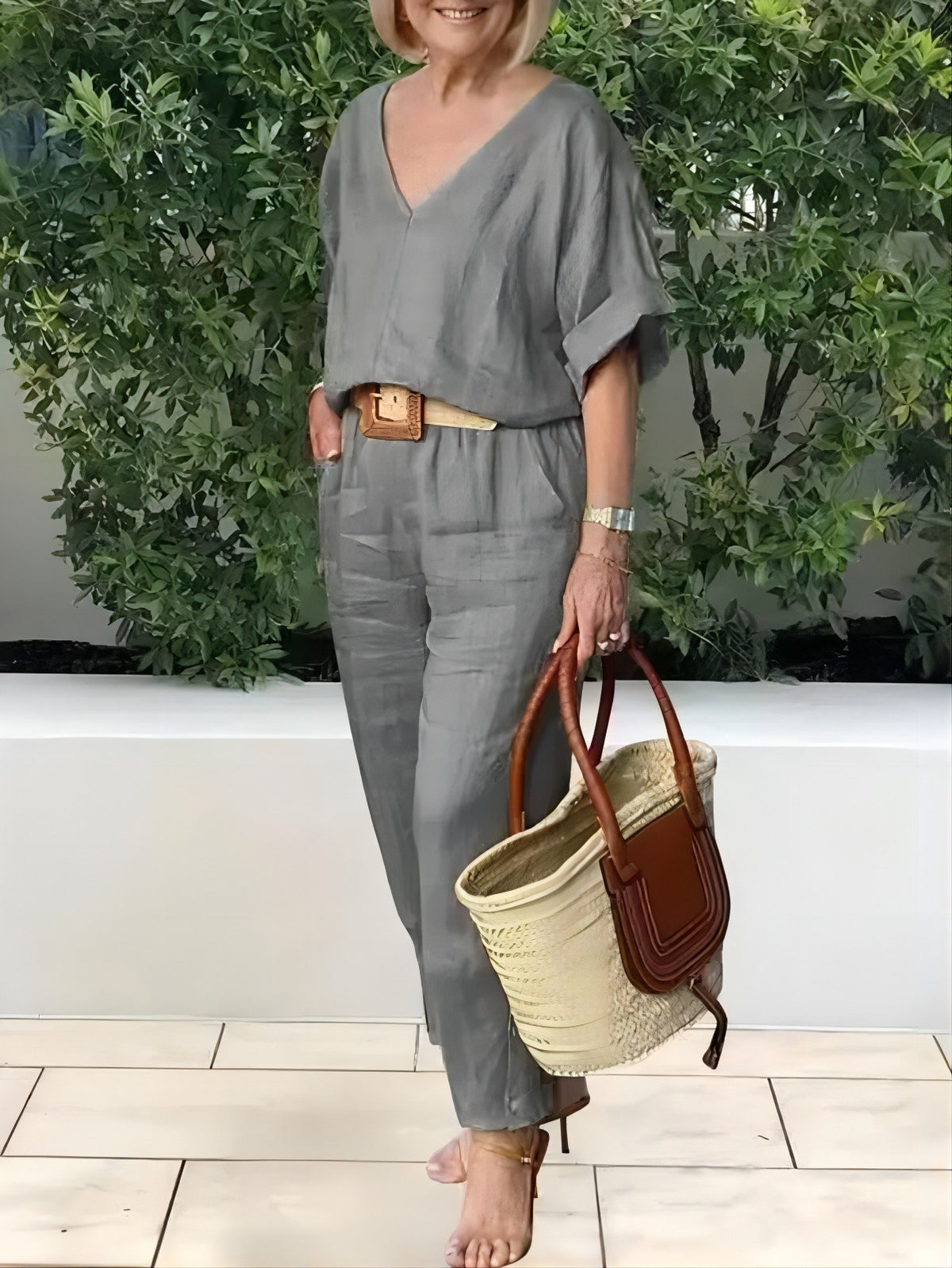 Compleu Damă Elegant din In și Bumbac: Bluză Lejeră în V și Pantaloni Lungi, Material Moale, Respirabil și Răcoros