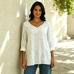 🌼Tricou V-neck la modă, cu broderie florală de margarete