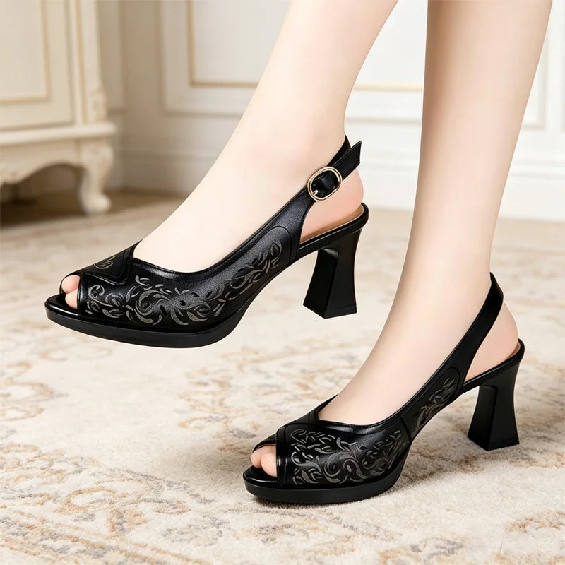 👡 sandale elegante cu toc înalt și decupaje florale perforate