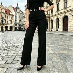Pantaloni Casual de Damă cu Talie Înaltă și Curea Elegantă – Pantofi de Birou Subțiri și Elastici, Efect de Alungire, Material Fluid și Anti-Șifonare