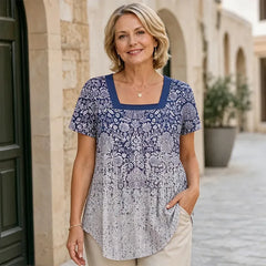 Bluză de Vară Casual cu Guler Pătrat și Detalii Plisate, Tricou Lejer cu Imprimeu Floral, Material Moale, Respirabil și Prietenos cu Pielea