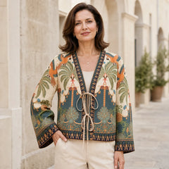 Cardigan Subțire de Vară Stil Boho Chic, Bluză Kimono cu Imprimeu Floral și Șnur de Legat, Top Lejer cu Mâneci Clopot pentru Femei