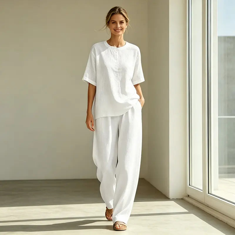Set Casual de Vară din 2 Piese pentru Femei: Bluză cu Mânecă Scurtă și Pantaloni Lungi Largi, Material Respirabil cu Textură In