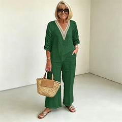 Set Elegant din Bumbac Mărimi Mari: Bluză cu Guler în V și Pantaloni Largi, Confortabil și Stilat, S-3XL