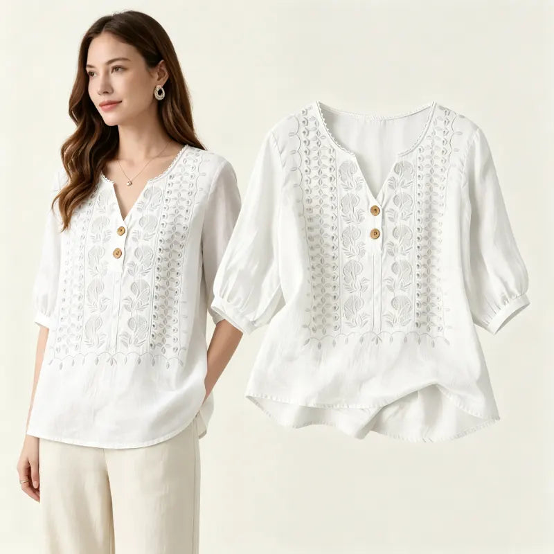 👚 Tricou din Bumbac și In cu Broderie în Stil Boho