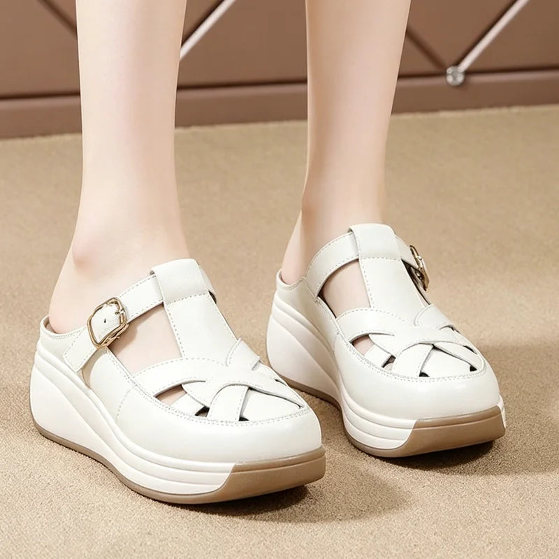 👡【top 3 în evaluările magazinului】papuci la modă din piele naturală premium, cu decupaje și talpă groasă