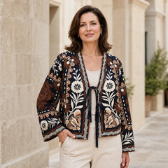 Cardigan Subțire de Vară Stil Boho Chic, Bluză Kimono cu Imprimeu Floral și Șnur de Legat, Top Lejer cu Mâneci Clopot pentru Femei