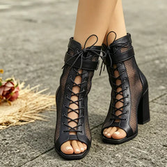 Botine de Vară Elegante cu Toc Gros 8cm: Design Plasă Respirabilă, Stil Roman, Mărimi 35-42