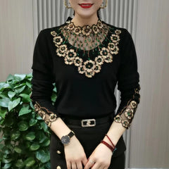 🔥Vânzare fierbinte🔥🎀【XL-6XL】Noua bluză caldă de toamnă și iarnă din catifea de înaltă calitate, cu mânecă lungă și guler din dantelă——3895128
