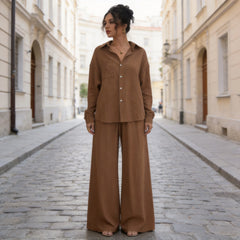 Compleu Damă Elegant din Bumbac și In: Cămașă Lejeră Oversized și Pantaloni Ultra-Largi, Material Moale, Respirabil și Răcoros